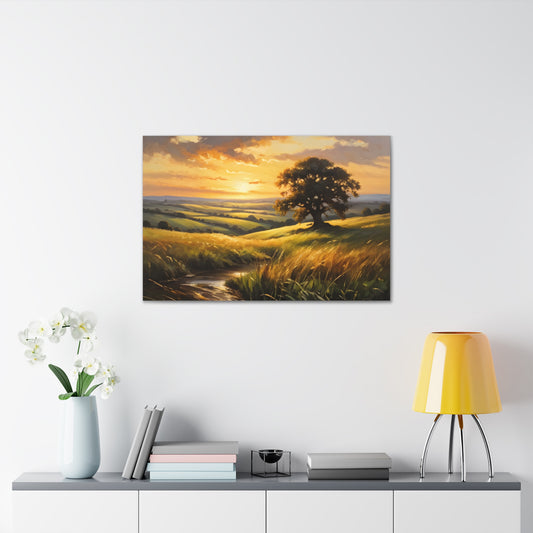 Sunrise Meadow: Classic Oil Painting Wall Décor