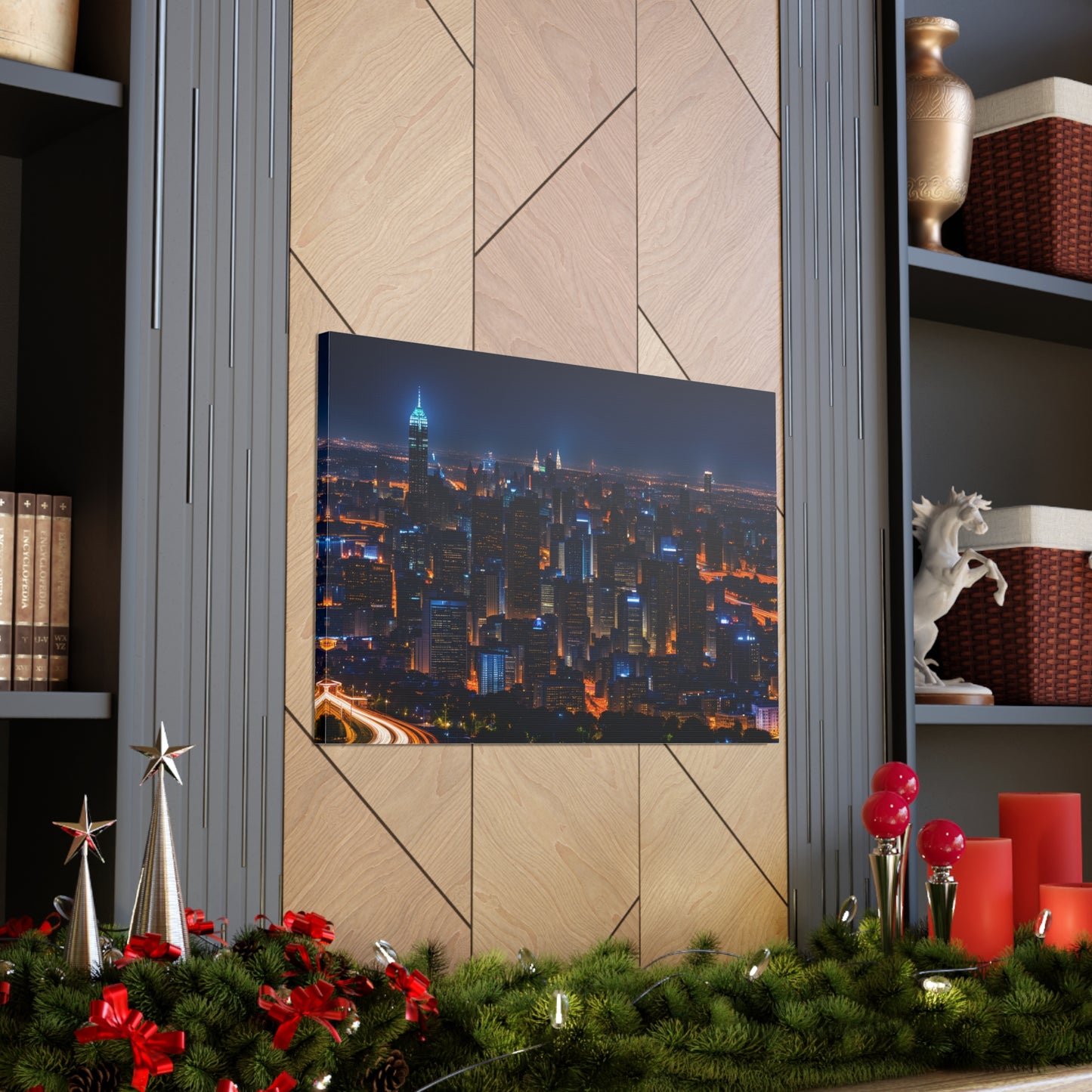 Nightfall Urban Tapestry: Cityscape Wall Décor